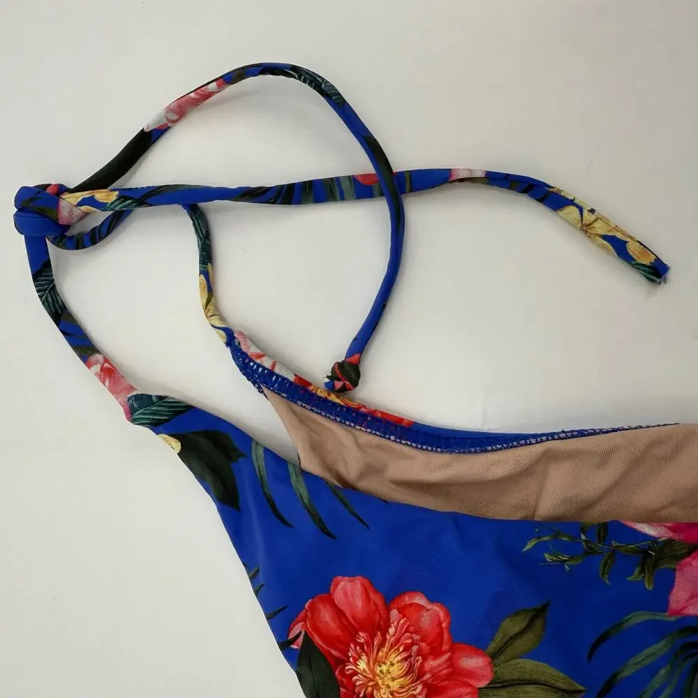 PQ SWIM PILYQ Bikini Bottoms SZ Small Boca Tie String Teeny NEW NWOT Blue Floral